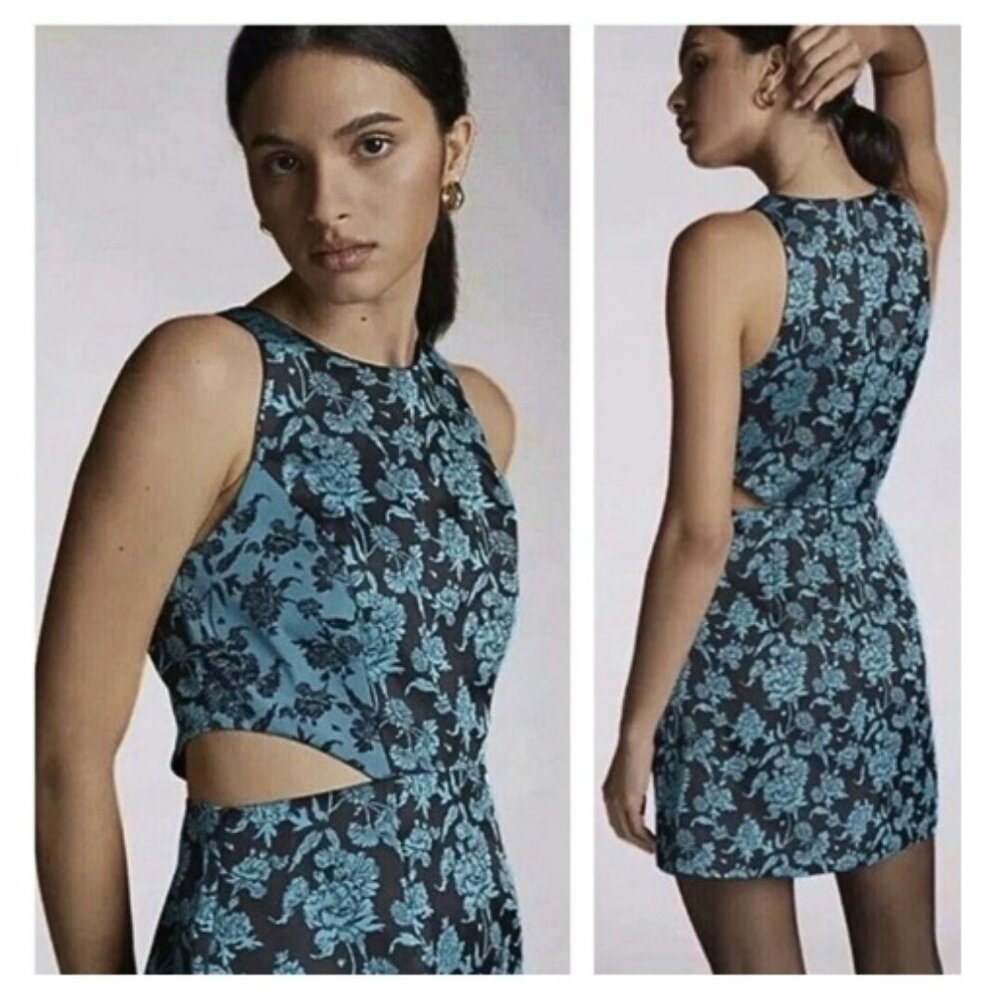 Anthropologie Hutch Black and Teal Blue Jacquard Floral Mini Dress Sz 6